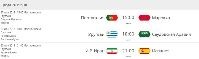 расписание ЧМ 2018 на 20 июня