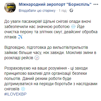 Аеропорт "Бориспіль" попередив про можливі затримки рейсів через снігопади