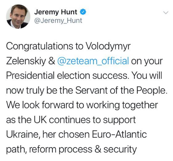 С победой Зеленского поздравили в МИД Британии