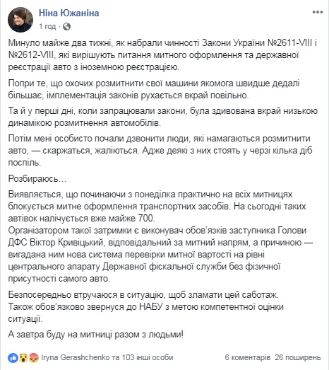 Южанина обвиняет ГФС в блокировании растаможки "евроблях"