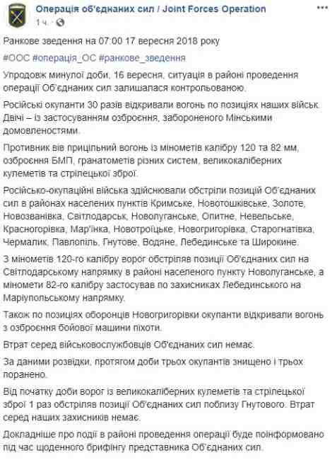 Бойовики за добу 30 разів відкривали вогонь по позиціях ЗСУ