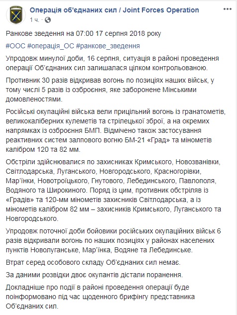 Бойовики за добу 30 разів обстріляли українських військових, втрат немає, - штаб