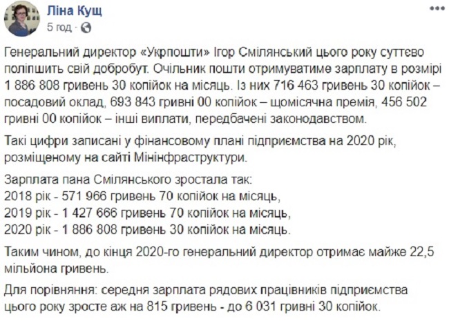 Стала известна зарплата главы Укрпочты: 3-комнатная квартира ежемесячно