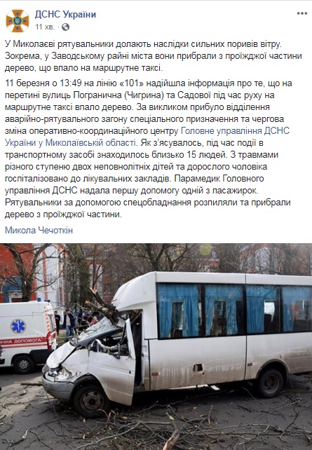 В Николаеве дерево упало на маршрутку, есть пострадавшие