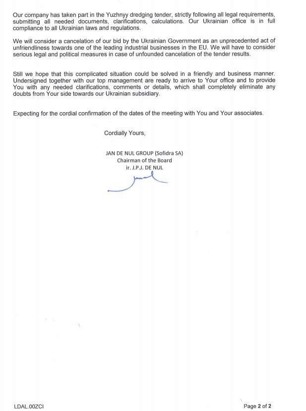 Jan De Nul Group обратилась к Гройсману из-за ситуации вокруг тендера в МП "Южный"