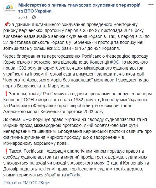 В Керченском проливе из-за блокировки движения зафиксировали 421 корабль, - МинВОТ