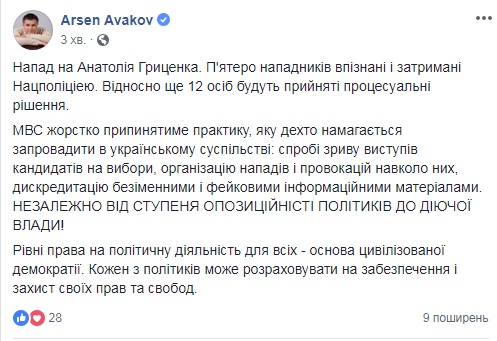 Полиция задержала подозреваемых в нападении на Гриценко