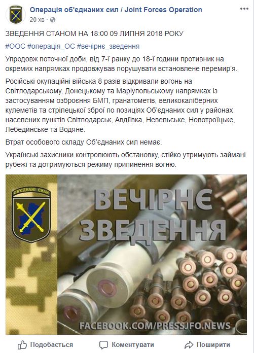 Бойовики 8 разів порушили режим тиші на Донбасі, - ООС