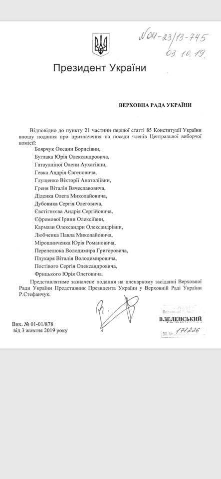 Зеленский внес в Раду представление на новый состав ЦИК