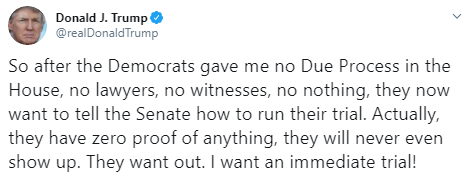 Трамп заявил, что хочет немедленного начала процесса по импичменту в Сенате