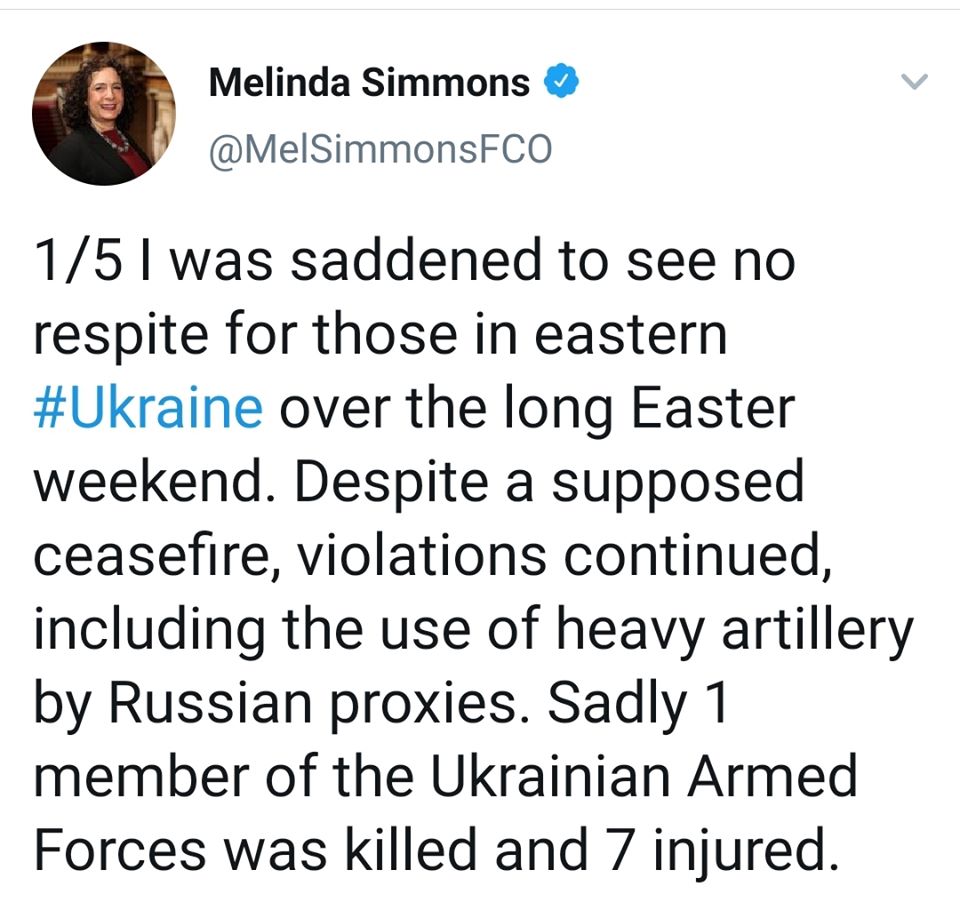 Посол Великобритании выразила возмущение обстрелами на Донбассе в Пасху