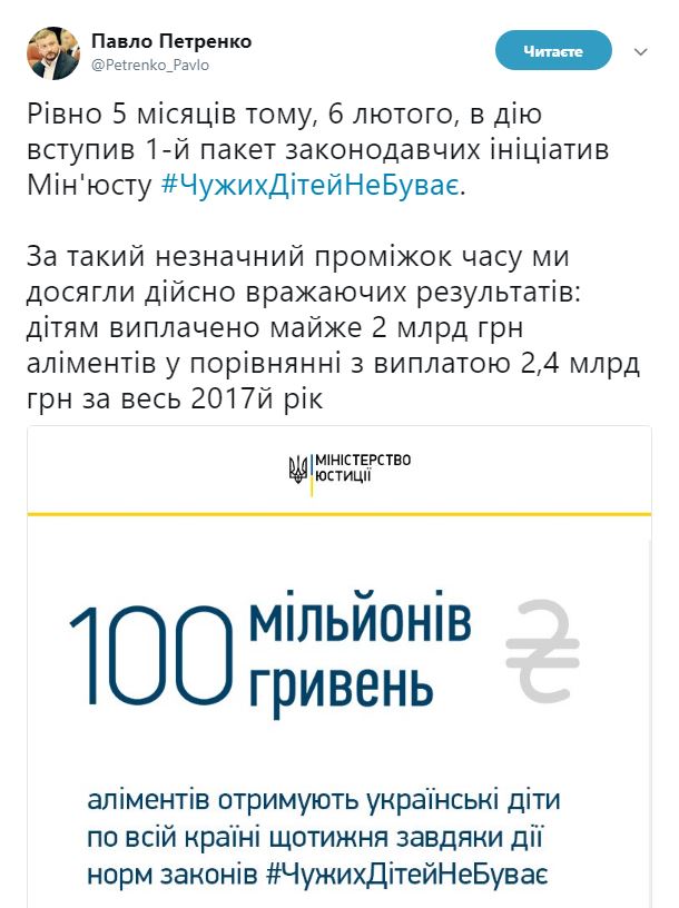 Щотижня українські діти отримують 100 млн гривень аліментів, - Мін'юст