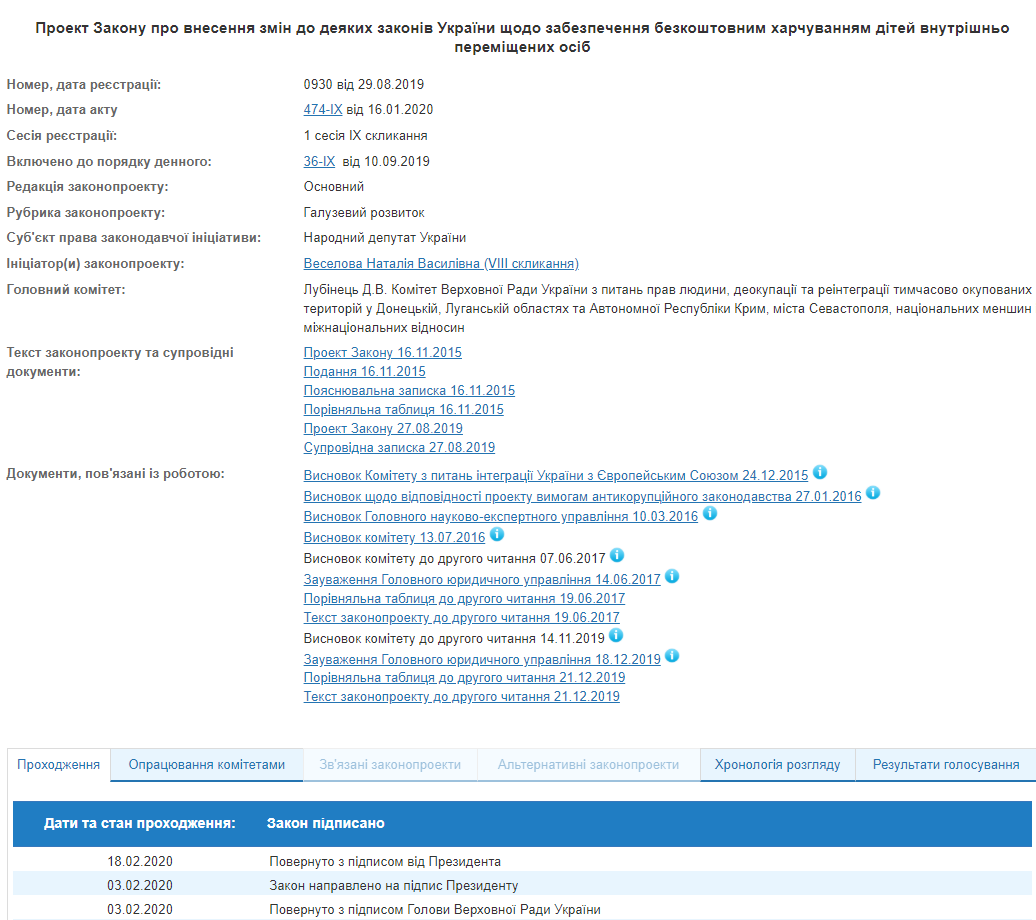 Президент подписал закон о бесплатном питании для детей переселенцев