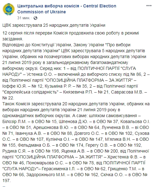 ЦИК зарегистрировал первых 25 нардепов