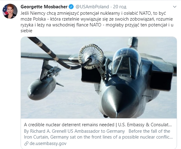 Посол США допустила размещение в Польше ядерного оружия