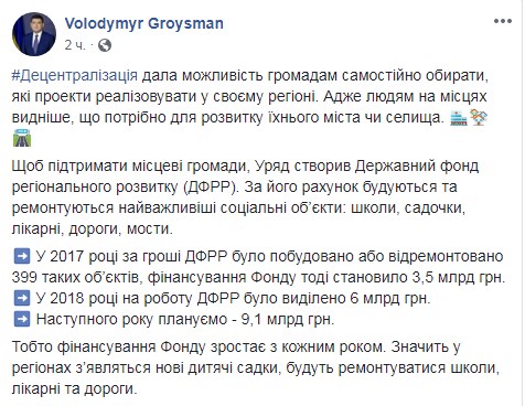На Фонд регионального развития в 2019 году выделят 9 млрд гривен, - Гройсман