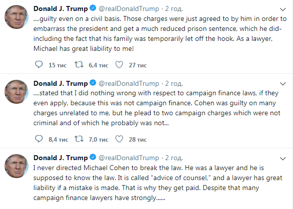 Трамп відреагував на рішення суду по справі його екс-адвоката Коена