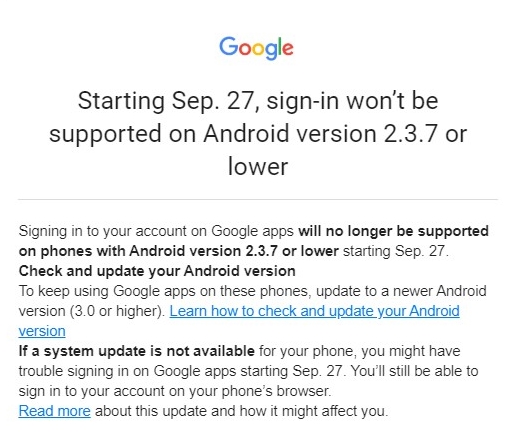 Google закроет вход в аккаунты пользователям старых версий Android