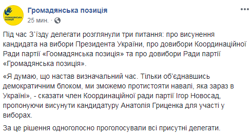 Гриценка висунули кандидатом у президенти