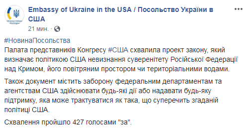 Палата представників США схвалила заборону на визнання Криму російським