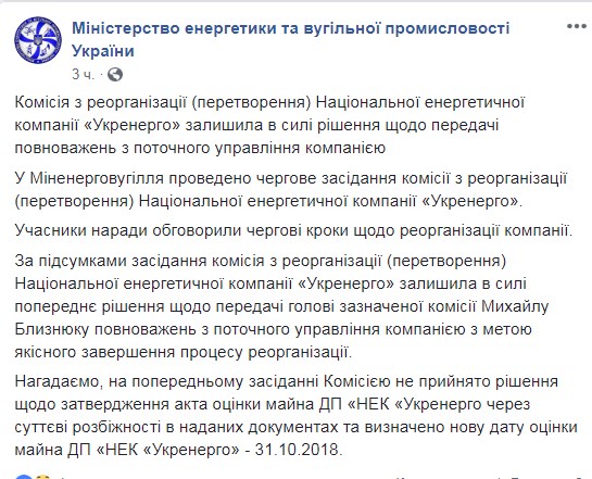 Комісія з реорганізації "Укренерго" залишила Близнюка керуючим діяльністю компанії