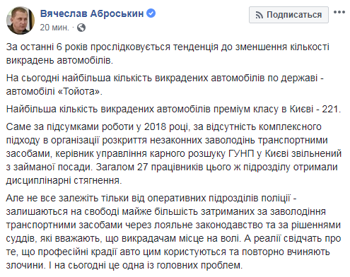 В Україні зафіксовано зменшення кількості угонів автомобілів