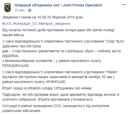 На Донбасі бойовики чотири рази обстріляли позиції ООС