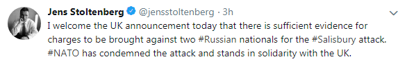 Столтенберг привітав нові дані про підозрюваних у "справі Скрипалів"