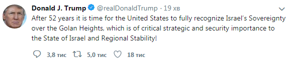 Трамп: США признают суверенитет Израиля над Голанами