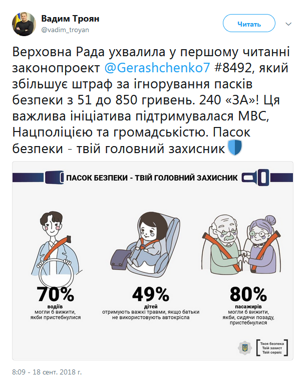 Рада планирует повысить штрафы за игнорирование ремней безопасности