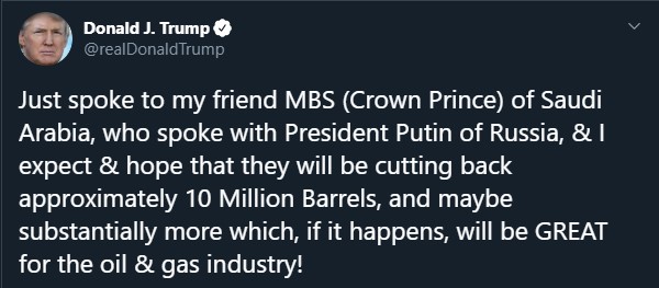 Трамп сподівається на скорочення видобутку нафти в РФ і Саудівській Аравії