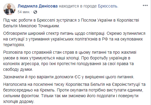 Денісова закликала Брюссель посилити тиск на РФ за звільнення політв'язнів