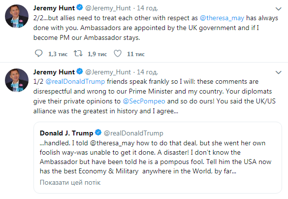 У Британії відповіли на "зневажливу" заяву Трампа про Мей