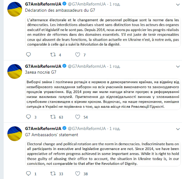 Послы стран G7 раскритиковали идеи Зеленского о новой люстрации