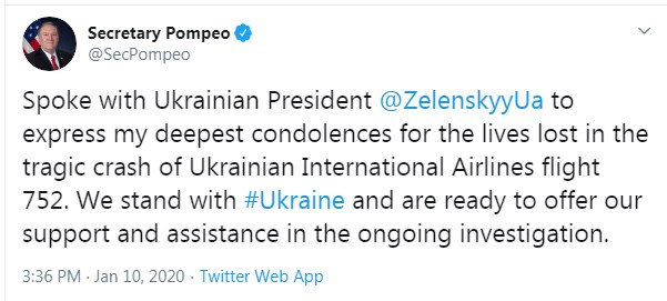 Помпео запропонував Зеленському допомогу в розслідуванні катастрофи МАУ