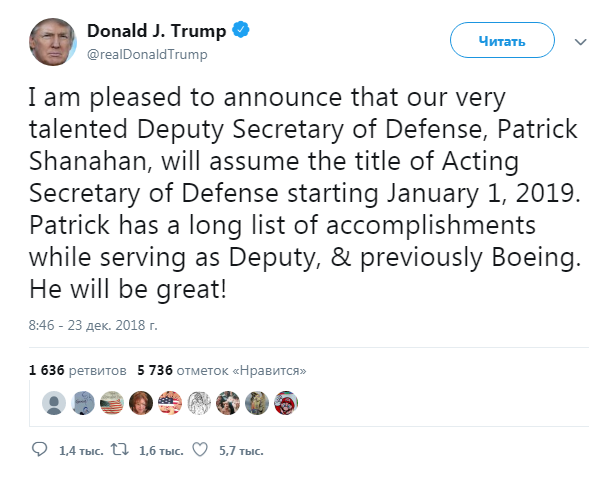 Трамп розповів, хто стане в.о. міністра оборони США