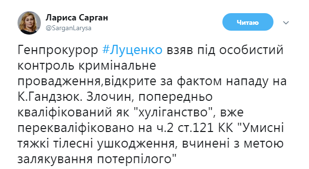 Луценко взяв на особистий контроль справу про напад на радницю мера Херсона