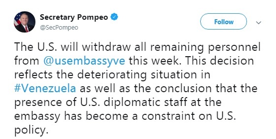 США на этой неделе отзовут дипломатов из Венесуэлы
