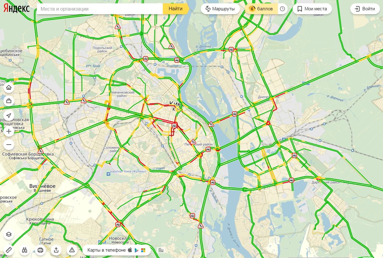 Затори у Києві досягли 6 балів