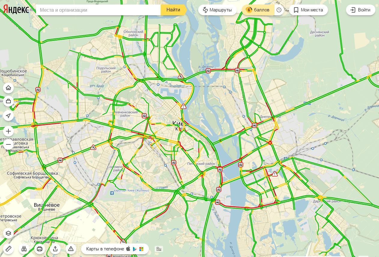 Пробки в Киеве достигли 6 баллов