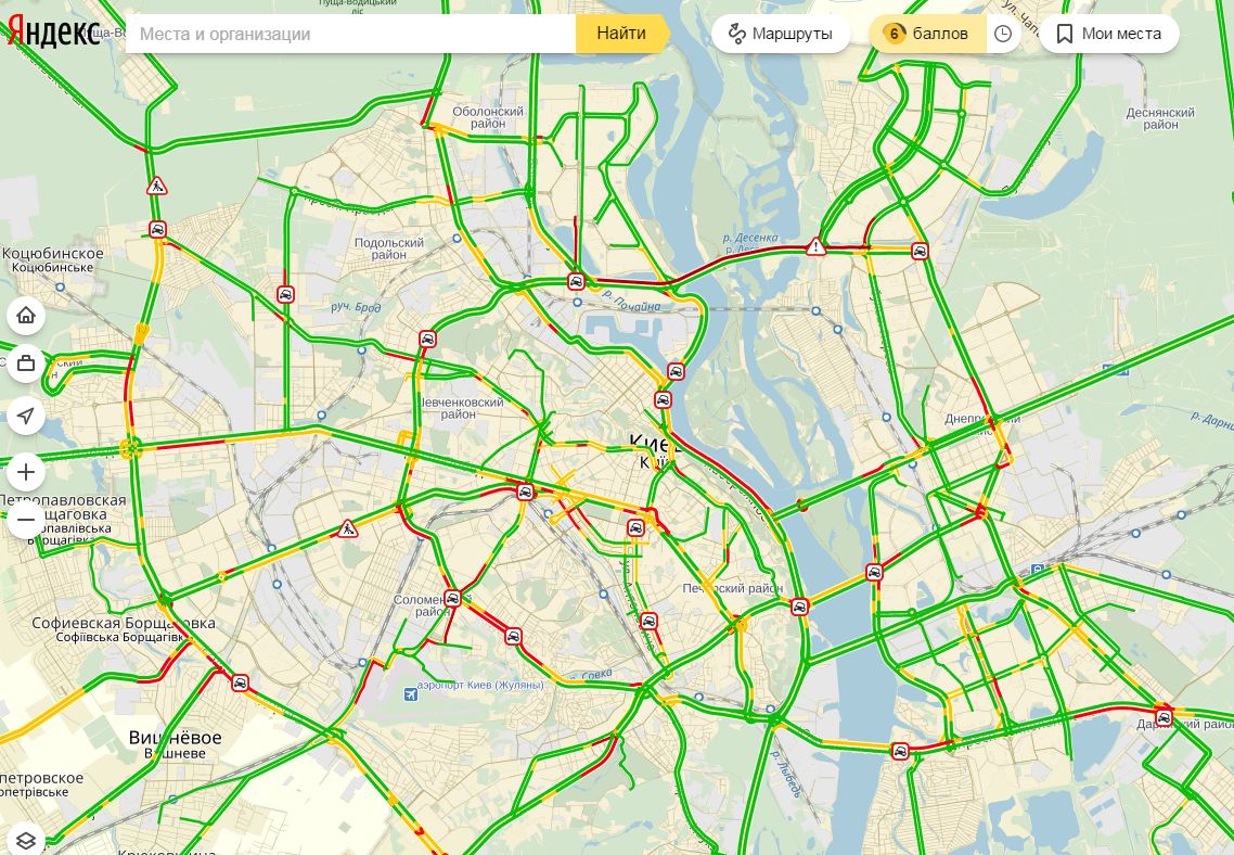 Затори у Києві досягли 6 балів