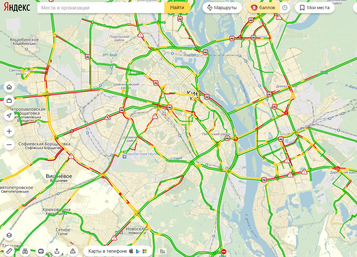 Затори у Києві досягли 8 балів