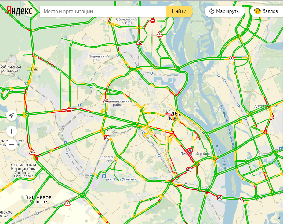 Затори у Києві досягли 6 балів