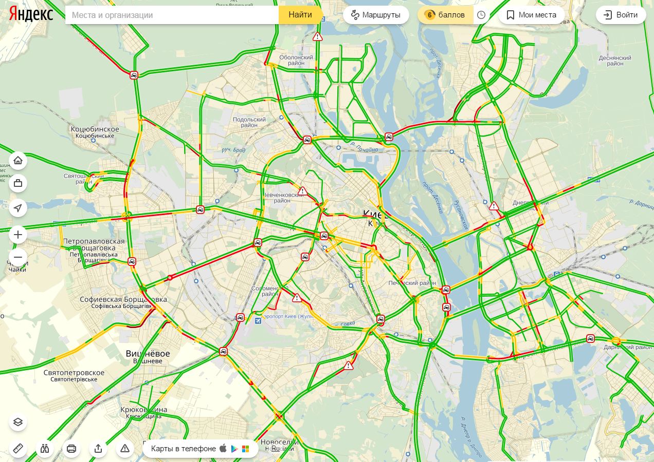 Затори у Києві досягли 6 балів
