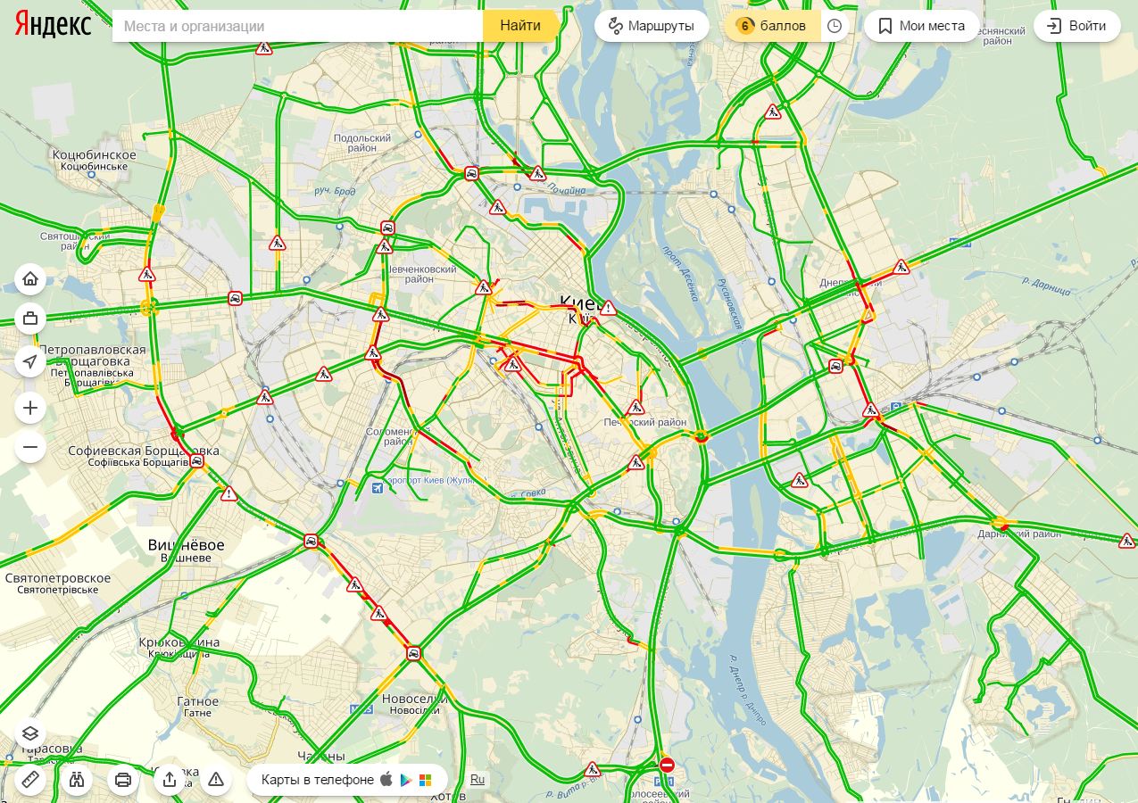 Затори у Києві досягли 6 балів