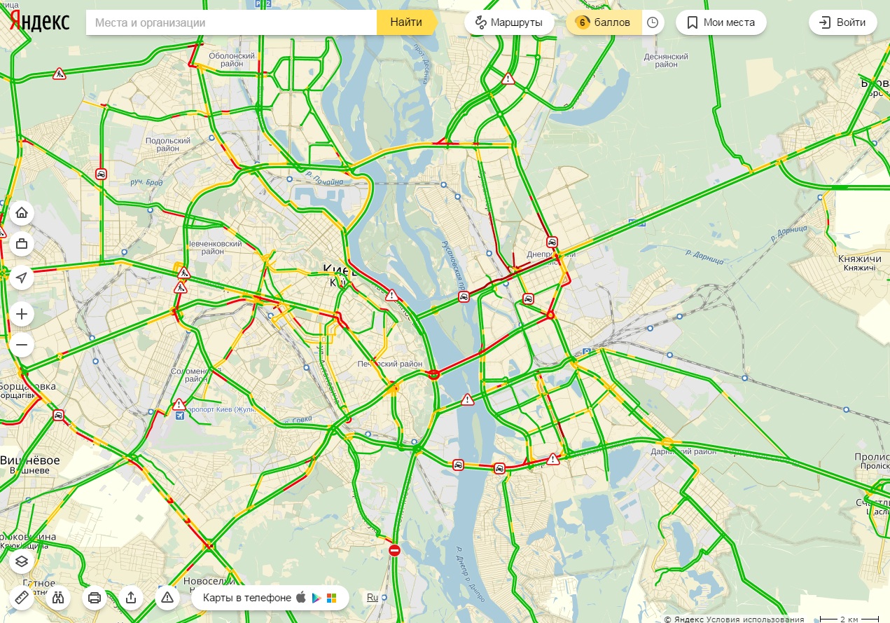 Затори у Києві досягли 6 балів