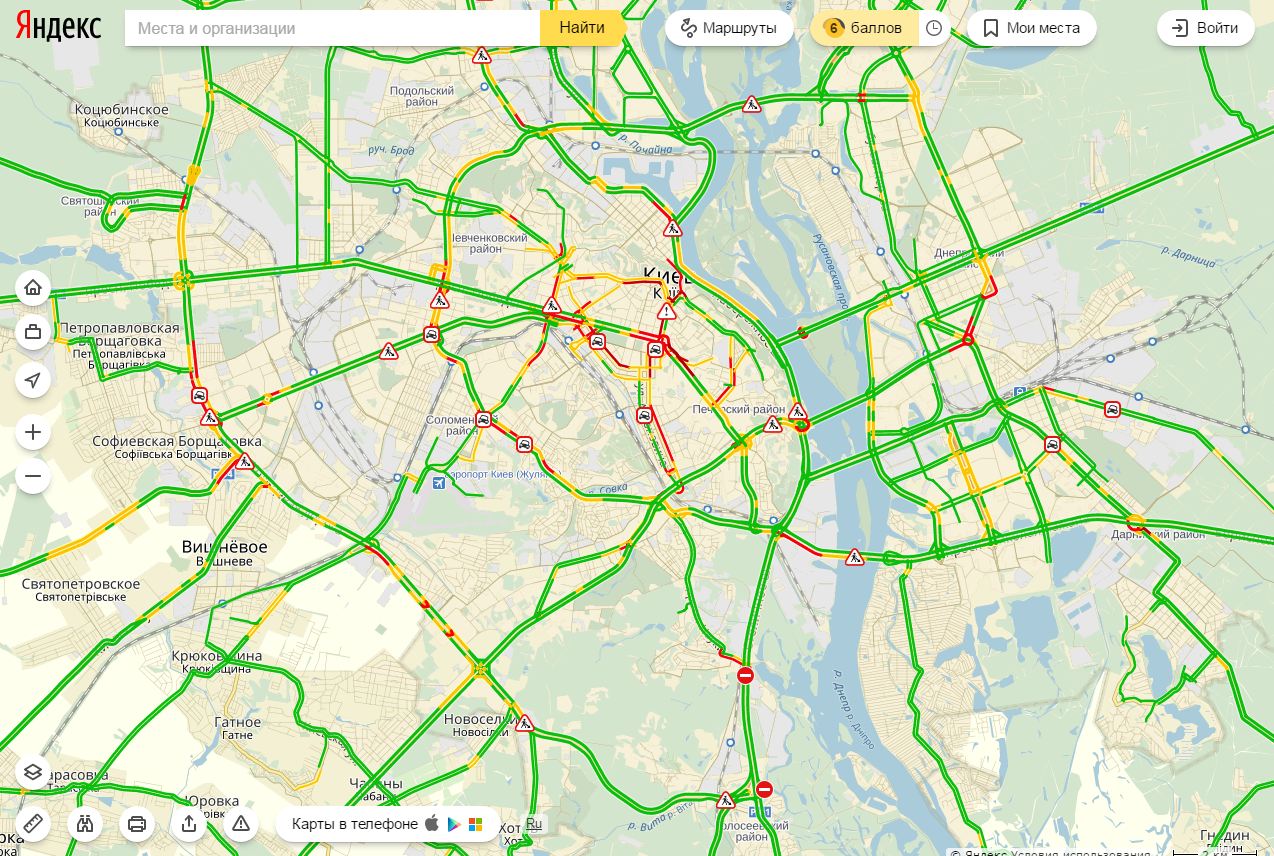 Затори у Києві досягли 6 балів