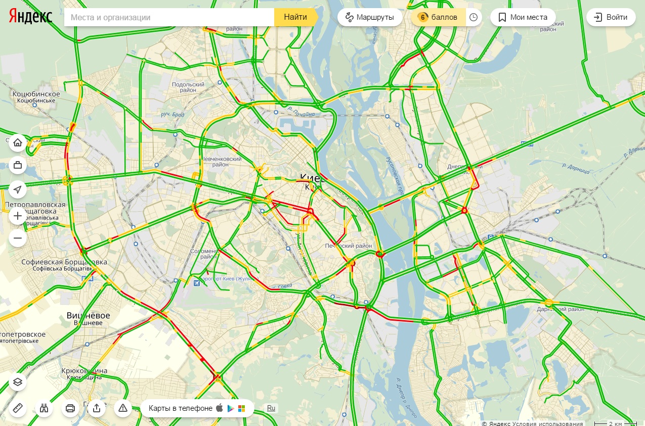 Затори у Києві досягли 6 балів