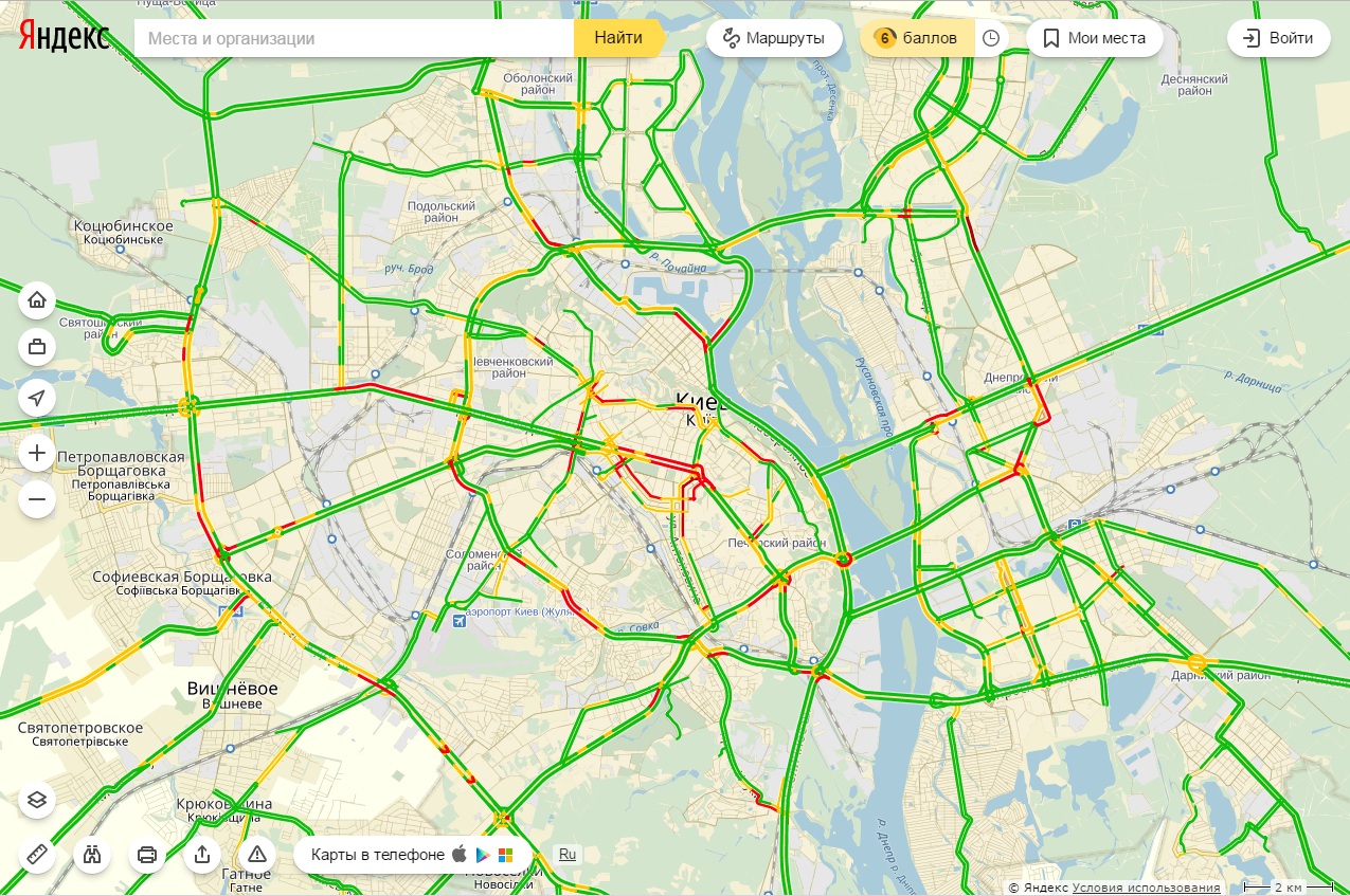 Затори у Києві досягли 6 балів