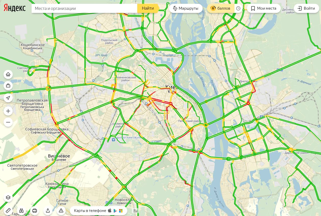 Затори у Києві досягли 6 балів